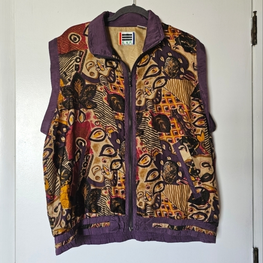 Vintage 80s EVR silk art deco light zip-up oversized windbreaker vest Size L